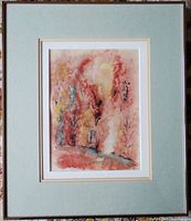 Framed abstract watercolour artwork by Leili Terts, showing full framed piece with mat and glass, featuring mixed warm and cool colors abstract tree motif.