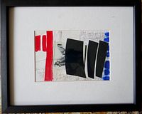 Full view of the framed mixed media abstract artwork showing composition and condition
