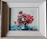 Full frontal image of the framed oil painting showing the floral bouquet in a vase, signature and date visible on lower left.