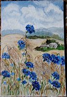 Full view of the oil painting showing cornflowers, wheat stalks, farmhouse, distant hills, sky and clouds.