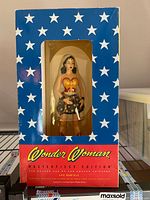 Front view of Wonder Woman Masterpiece Edition figurine in blue packaging with white stars and red text panel.