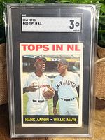 Front of 1964 Topps #423 card showing Hank Aaron and Willie Mays with SGC grade label.