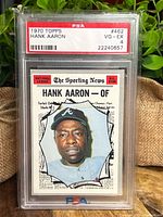 Front of 1970 Topps Hank Aaron baseball card graded PSA 4, showing clear image of Hank Aaron with newspaper print background and bright colors.