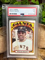 Front view of 1972 Topps Willie Mays #49 baseball card showing player portrait and team name Giants.