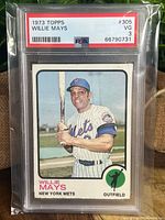 Front of the 1973 Topps Willie Mays baseball card showing player in Mets uniform holding a bat, card graded PSA 3 Very Good, number 305.