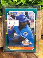 Front of 1987 Donruss Bo Jackson Rookie baseball card featuring Bo Jackson in Kansas City Royals uniform holding a bat.