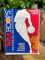 Photo of sealed 1989 NBA Hoops basketball trading card pack with front showing logo and promotional text