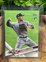 Front of 2017 Aaron Judge Topps rookie card showing player in Yankees uniform with All Star and Rookie indicators.