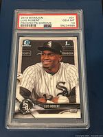 Front of 2018 Bowman Chrome Luis Robert baseball card in PSA slab graded Gem Mint 10