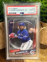 Front view of the 2019 Topps Finest Vladimir Guerrero Jr. rookie card with PSA 10 Gem Mint label.