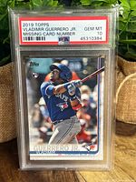 Front view of 2019 Topps Vladimir Guerrero Jr rookie card in PSA graded holder with label showing Gem Mint 10 and missing card number note.