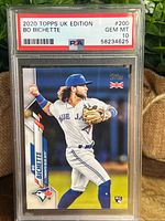 Front view of the 2020 Topps UK Edition Bo Bichette baseball card graded PSA 10 in encapsulation.