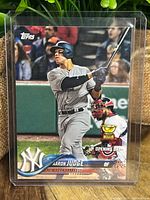 Front of the Aaron Judge 2018 Topps Opening Day baseball card showing the player in a batting stance and featuring New York Yankees branding.