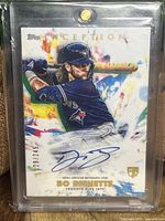 Front view of 2020 Topps Inception Bo Bichette rookie on-card autograph card in protective hard case