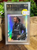 Front of the graded Lewis Hamilton Topps Chrome F1 Refractor card showing 9.5 grade and image of Hamilton in racing suit.
