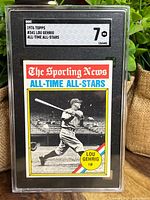 Front side of 1976 Topps Lou Gehrig baseball card graded SGC 7 in plastic slab.