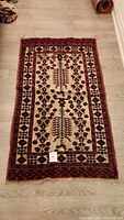 Full view of rectangular Baluchi rug on floor showing central design and borders.