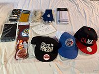 Lot contents showing all caps, gloves, hats, socks, scarves, and face mask hat on a white background.