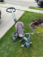 Photo of a gray toddler tricycle with a pink cushioned seat and an adjustable push handle, positioned on a front lawn near a driveway and street.