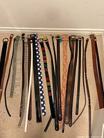 All 24 belts arranged side by side on carpeted floor showing different materials and colors