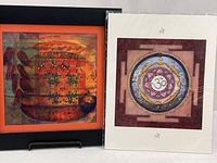 Two prints shown side by side, mandala print sealed on right, framed art on left