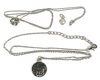 Two sterling silver necklaces with pendants laid out flat. One pendant is a round horse motif medallion about 1/2 inch in diameter, the other is a small round bezel set rainbow moonstone.