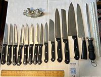All knives, shakers and tray laid out with rulers for scale