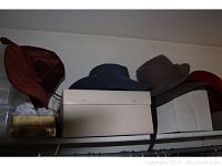 Shelf with various colored hats including a red hat with a black band, brown and blue hats, and several white and beige hat boxes.