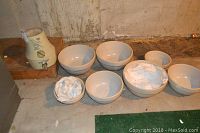 Overview of the lot showing the Revigator water dispenser on a wooden platform next to six unglazed stoneware bowls of different sizes.