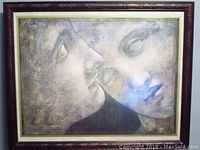 Framed art print showing two stylized faces in profile, one facing left and the other head tilted downward to the right, in muted tones with textured background.