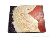 Front view of the full acrylic painting on canvas showing the white textured form on red and dark background with artist signature visible.