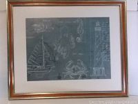 Framed art print with matted Coastal Blueprints II & III on blue background showing blueprint style nautical images including sailboat, octopus, seahorse, crab, lighthouse.