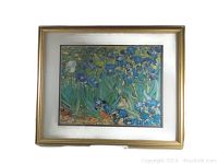 Front view of the framed lithograph 'Irises' by Van Gogh showing the artwork and frame condition.