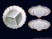 Top view of three milk glass serving dishes showing one round 3-section dish with gold dotted scalloped edge and two divided relish trays with gold handles.
