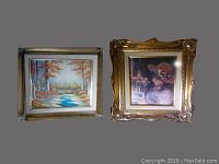 Both framed artworks side by side; one is a landscape painting and the other a portrait lithograph in ornate frame.