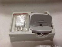 Photo of Samsung Galaxy Dock charging station and wall charger adapter in white foam tray.