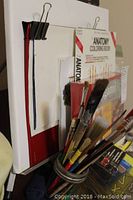 Photo of canvases, paintbrushes in jar, and anatomy coloring book clipped together for storage