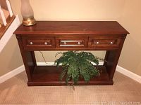 Front view of the wooden console table with three front drawers and an open bottom shelf with a plant placed inside.