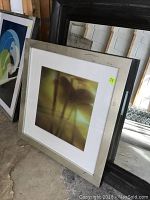 Photo showing framed wall art with white mat and silver frame, some wear visible on the frame edges. Artwork depicts abstract figures resembling flamingos in warm tones.