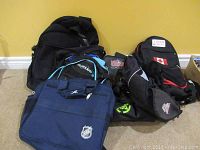 Six backpacks arranged on floor including Adidas, NHL, Reebok, Coors Light, Roots, and Canadian flag patch backpack, showing various angles and details.