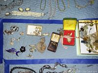 Wide assortment of costume jewelry items spread on a blue cloth including pins, rings, and several necklaces.