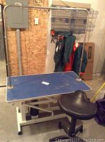 Full view of blue grooming table with white scissor lift base and attached grooming arm, black stool visible