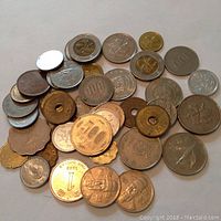 Photo showing an assortment of 37 Hong Kong coins of varying sizes, materials, and years, laid out on a white background.