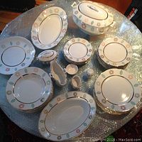 Full set arranged on table showing all pieces, variety of serving platters, plates, bowls, tureen, and accessories.