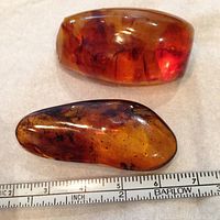 Two polished amber jewelry pieces placed next to a ruler showing size. Both pieces have deep orange and brown internal inclusions.