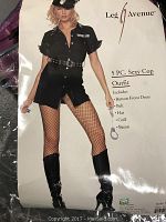 Policewoman Halloween costume packaging image showing model wearing black shirt dress, fishnet stockings, knee-high boots, and the included accessories.