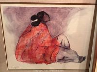 Framed print by R.C. Gorman of Native American woman in red garment, side profile, signature 'R.C. Gorman 1977'.