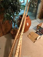 Photo showing dried yucca branches standing upright next to a basket-based faux plant.