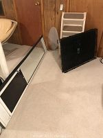 Photo showing white dog stairs with beige carpeted steps next to a folded black metal dog crate and a sliding glass doggie door insert leaning against a wall.