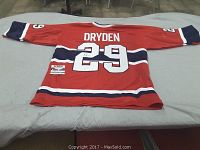 Full back view of red Canadiens jersey laid flat showing DRYDEN name and number 29